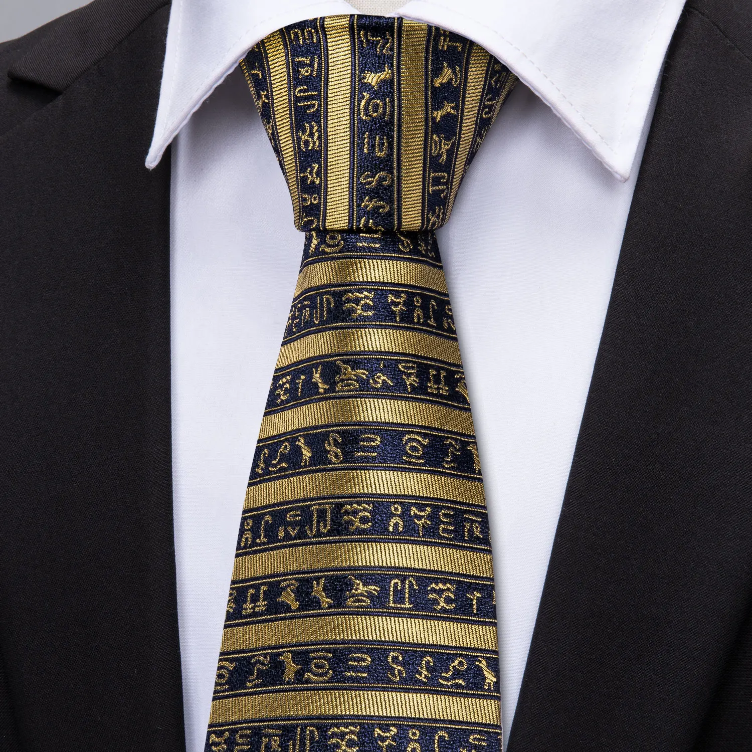 Classical Zebra Striped Tie For Mens Silk Necktie Hanky Cufflink Set Jacquard Men Tie Gold Black Men Set Barry.Wang LS-5173