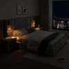 King Platform Bed Frame with Headboard, Elegant Velvet Upholstered Bed with Grid Pattern Padded Headboard, 2 LED Wall Sconces 6