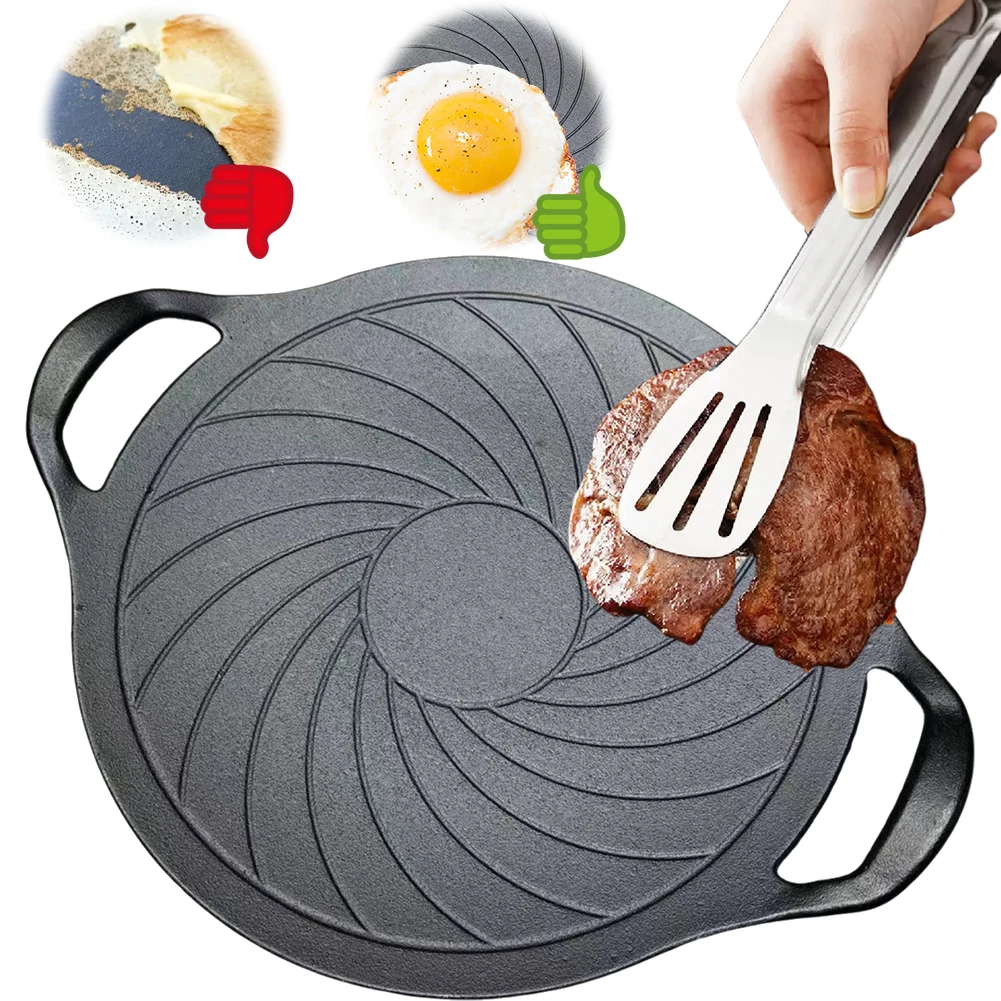 15 Inch Cast Iron Grill Pan Round Grill Skillet Nonstick BBQ Grill Pan Compatible for Gas Stove for Indoor Or Outdoor Grilling