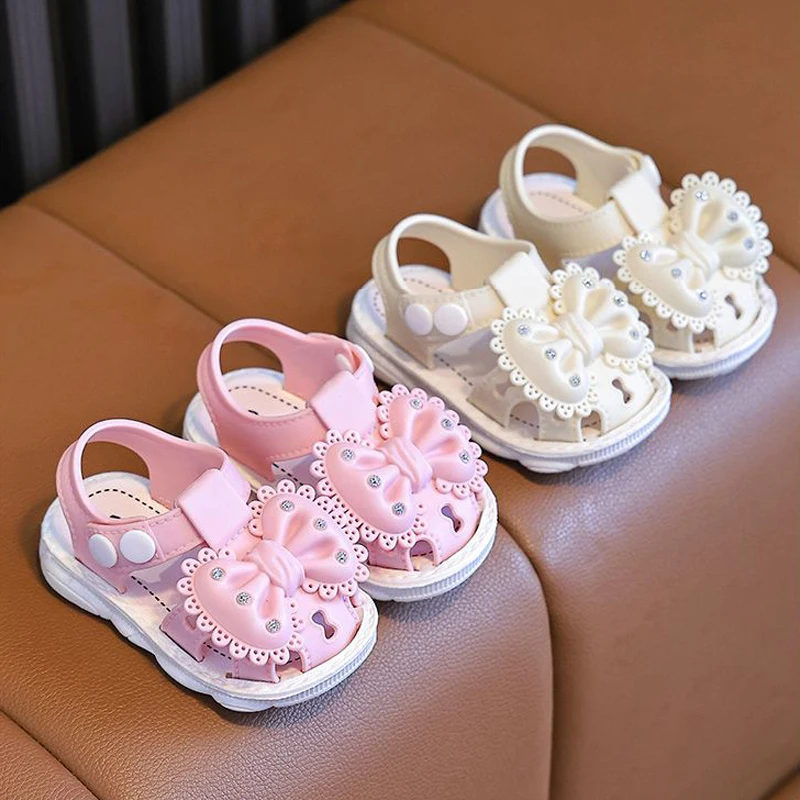 0-3 Cute Bow Rhinestone Baby Shoes For Girls Non-Slip Soft-Soled Children Toddler Kids Sandals With Covered Toes