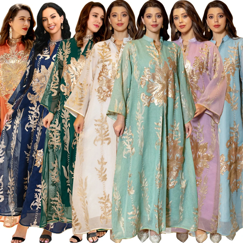 

Mesh Sequins Embroidered Abaya Dress for Women Winter 2024 Middle East Arab Oman Dubai Muslim Moroccan Caftan Party Clothes Eid