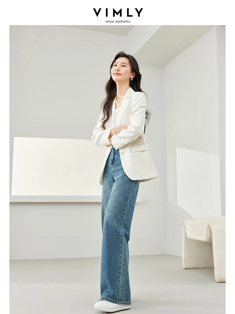 Vimly Apricot Simple Casual Suit Jacket Notched Collar Single Breasted Blazer 2024 Spring Office Lady Long Sleeve Coat M6153