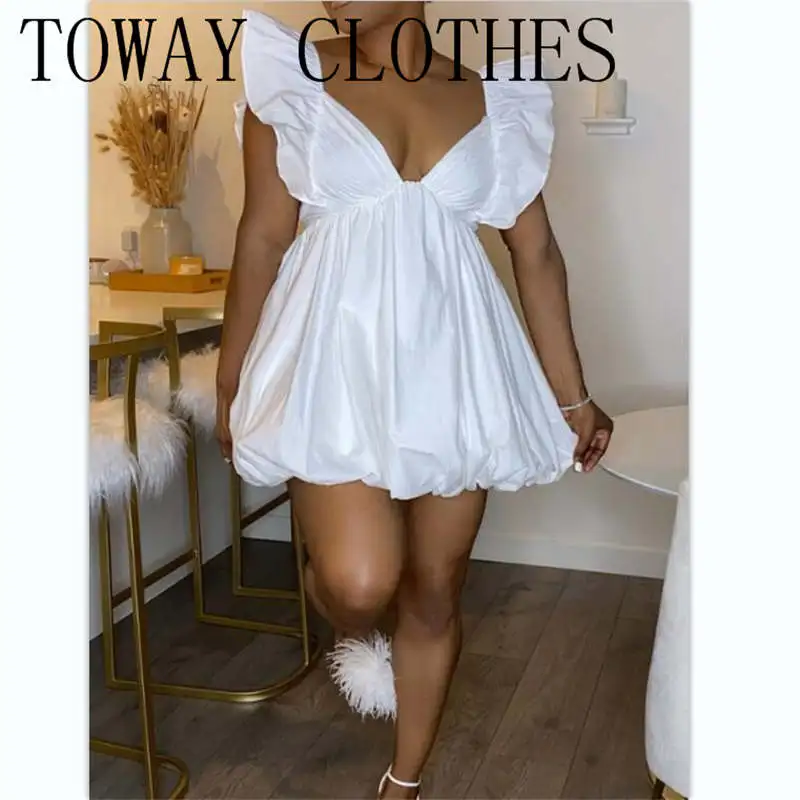 

Summer Dress For Women Plain Sexy Ruffles Short Sleeve Ruched Party Dress