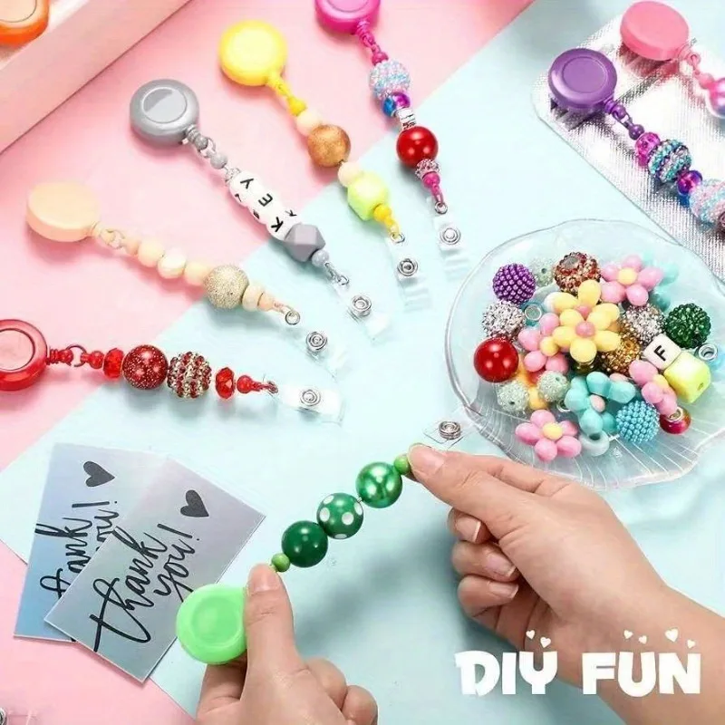 DIY 비즈 장식 접이식 배지 릴 클립 키트, 다채로운 ID 배지 홀더, 재밀봉 가능한 파우치, 감사 카드, 공예 선물