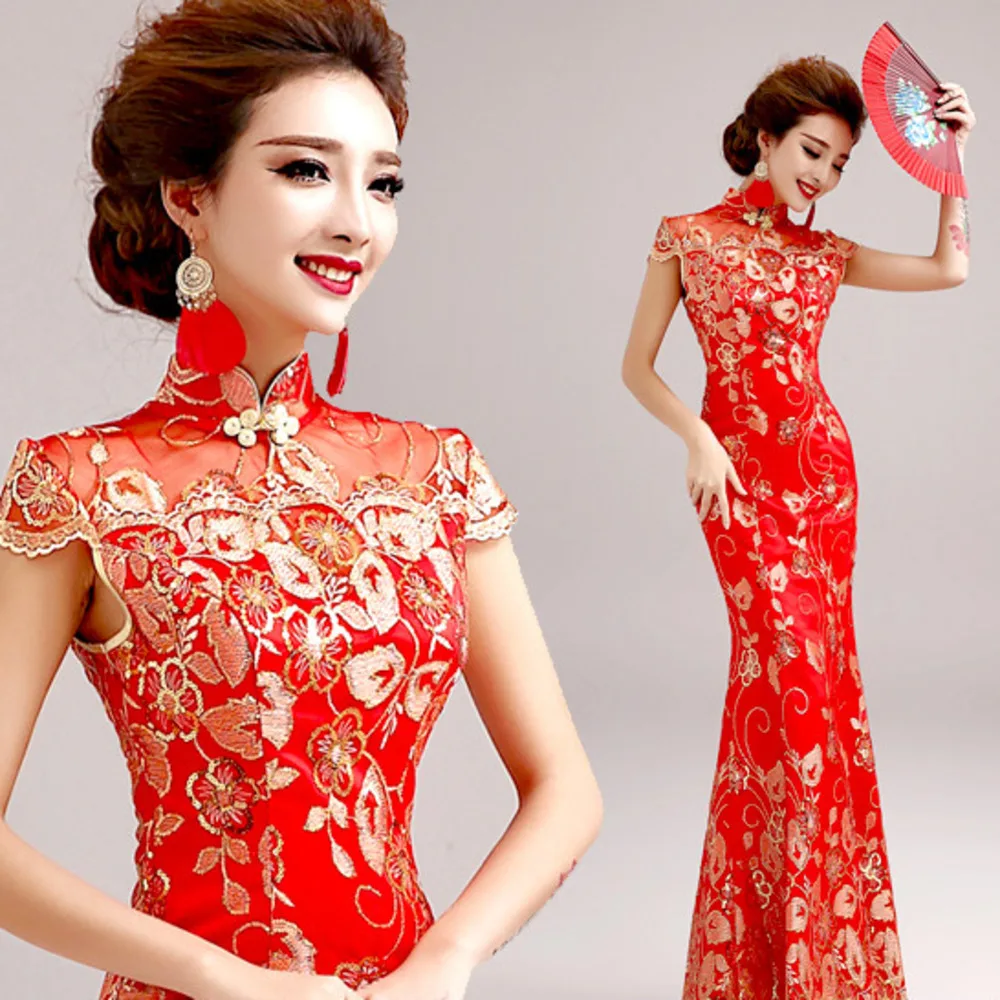 Capodanno cinese abbigliamento donna ricamo abito lungo rosso cina
