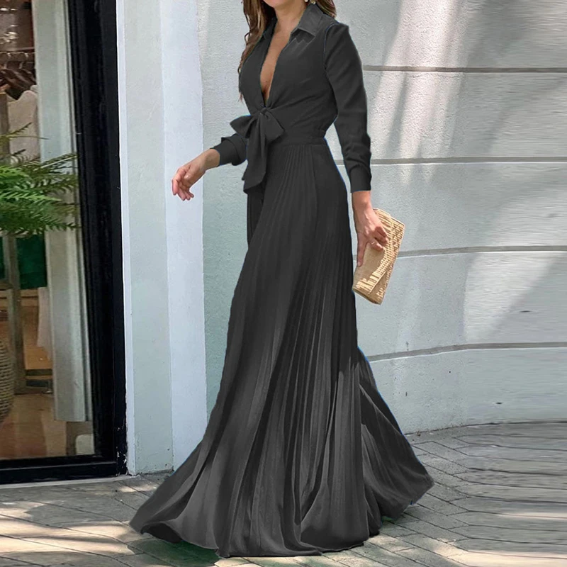 Black Womens Long Dresses Casual Elegant Maxi Dresses For Women V Neck Lace  Up Flower Print Casual