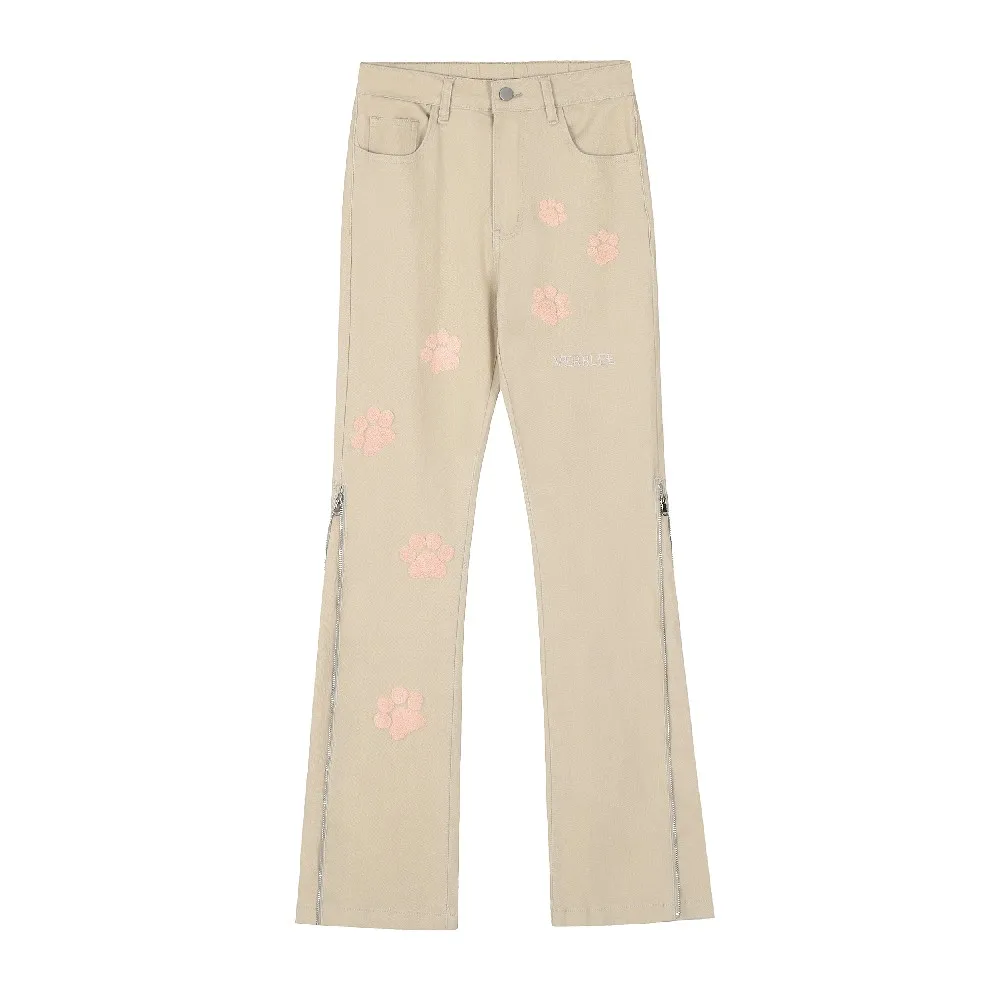 

Embroidery Cat Tracks Kawaii Flared Trousers Pants for Women Girls Y2k Streetwear 2000s Sweatpant Office Ladies Spring Clothes