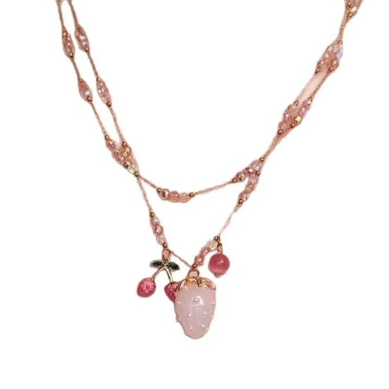 Y2K Sweet Mixed Media Choker Necklace Pink Pearl and Framed Portrait Charms Fruit Drop Coquette Statement Jewelry Gift 6