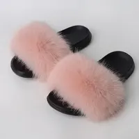 Women'S Faux Fox Fur Slippers Large Summer Open-Toe Fluffy Casual Anti-Slip Sandals Fluffy Black Slide Fur Slider - Image 2