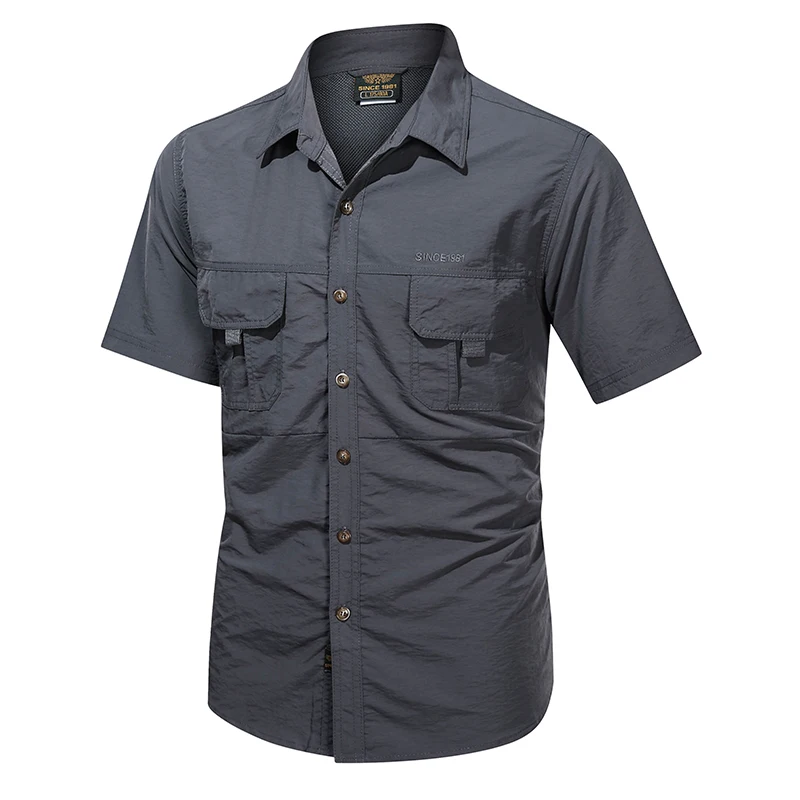Summer Quick Dry Short Sleeve Army Fan Tactical Shirt Mens Thin Breathable Lapel Cargo Shirts Tops Outdoor Hiking Military Shirt