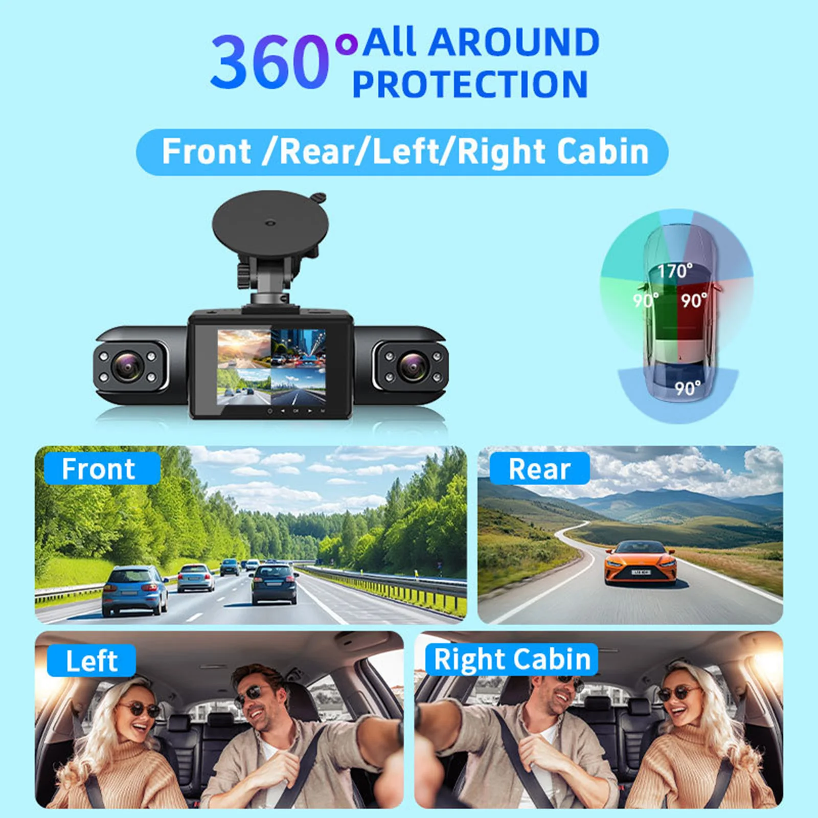 Dash Cam 4Channel 360° Car Camera Black Box Front Left Right Rear View Car DVR Video Recorder G-Sensor 24H Parking Monitor