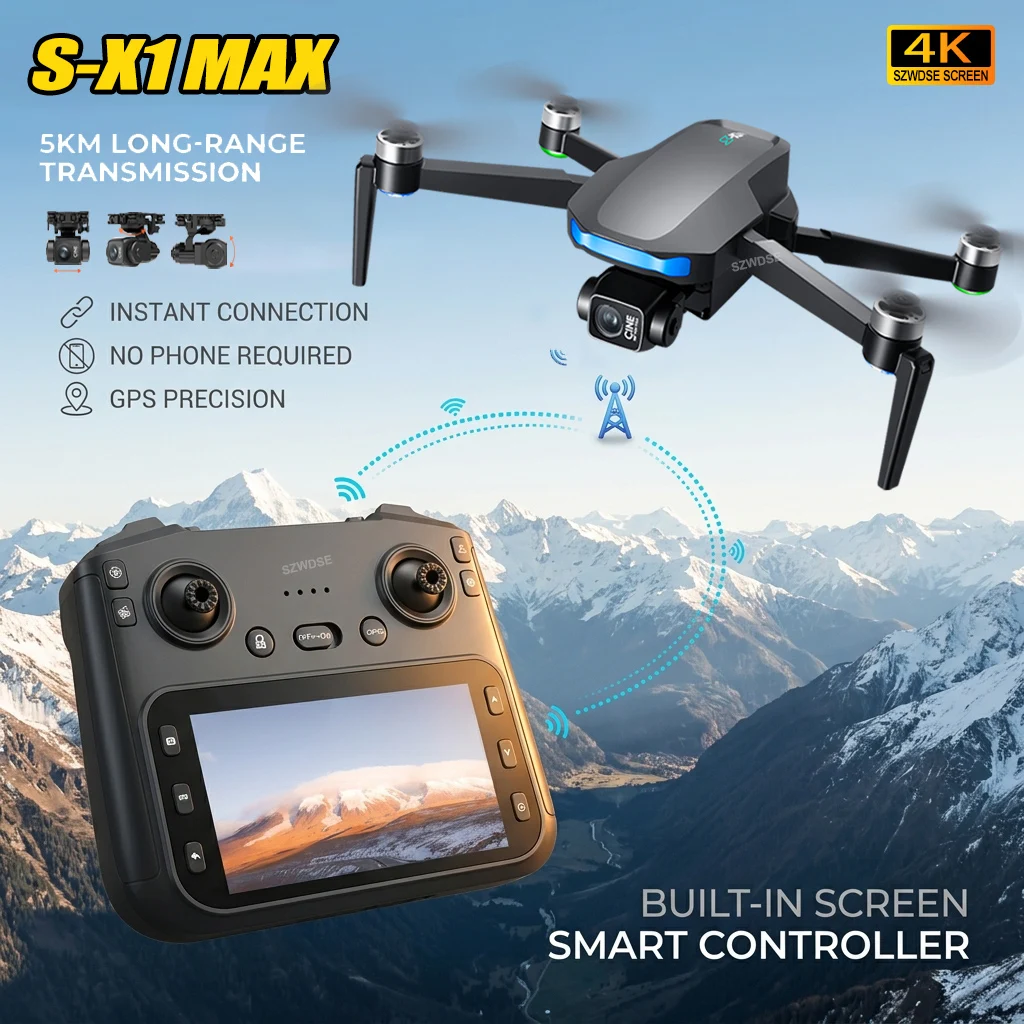 Drone Selfie Poche S-X1 MAX 4K HD avec Cardan 3 Axes GPS Moteur Brushless en vol stationnaire dans un parc ensoleillé