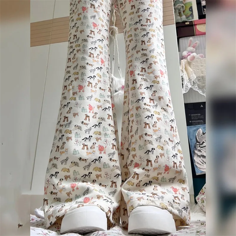 Korean Vintage Cartoon Printed Bootcut Women's Spring and Autumn Elasticized High-waisted Drawstring Loose Casual Flared Pants