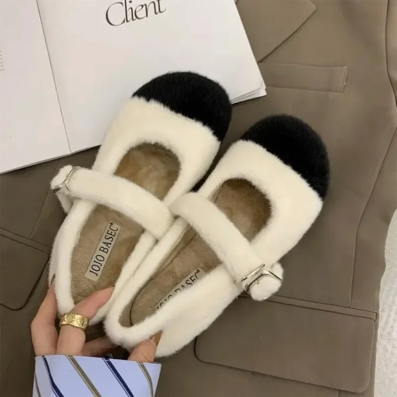 Real Rabbit Fur Warm Ballet Flats Women Korean Buckle Strap Moccasins Cozy Round Toe Winter Plush Snow Shoes Anti-skid Loafers