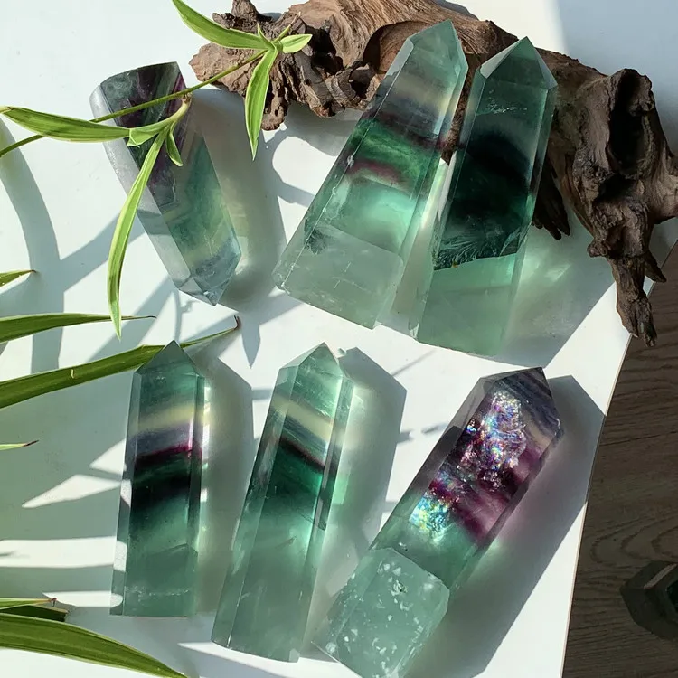 

Natural colorful candy fluorite column crystal ornaments with rainbow single-pointed hexagonal prism raw ore home office decor