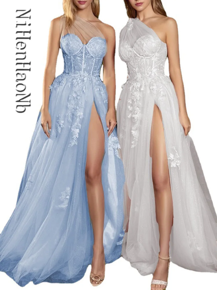 

Light Blue Tulle Evening Dress Formal Prom Gown Quinceanera Dresses One Shoulder Applique Slit Prom Women Vestidos