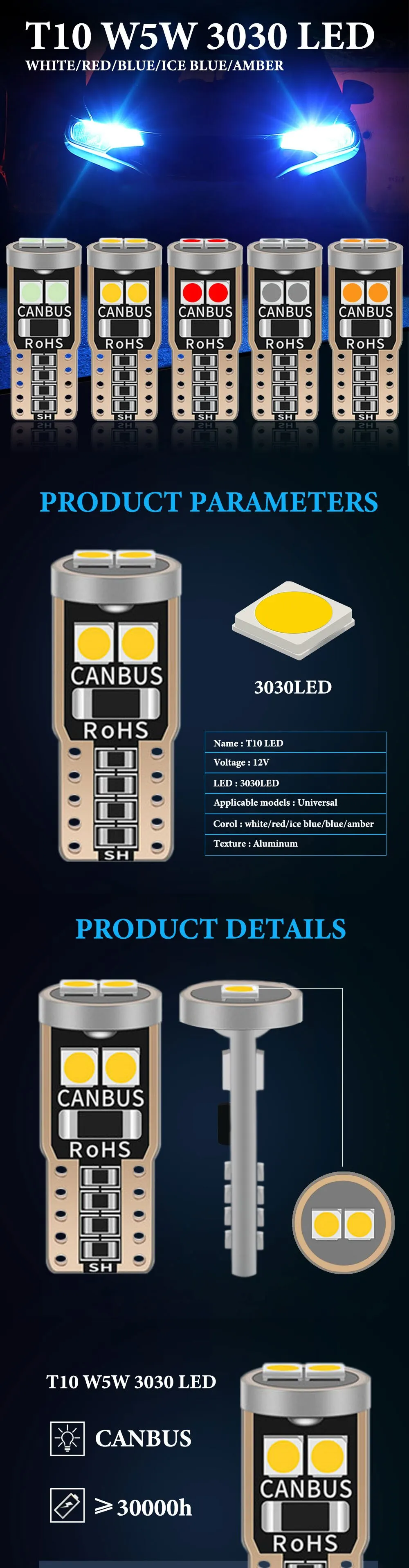 10PCS T10 W5W 3030 6smd Super Bright LED Car Parking Lights WY5W Auto Wedge Turn Side Bulbs Canbus No Error