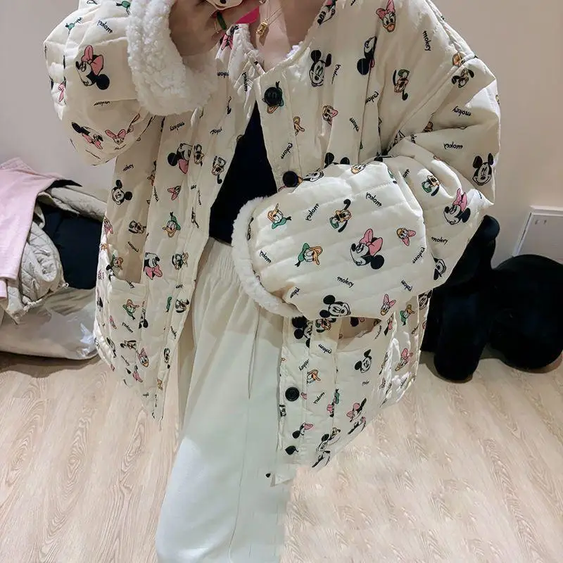 New Women's Warm Double-Sided Sherpa Jacket Cartoon Winter Loose Versatile Student Kawaii Thickened Cotton Jacket Down Jacket