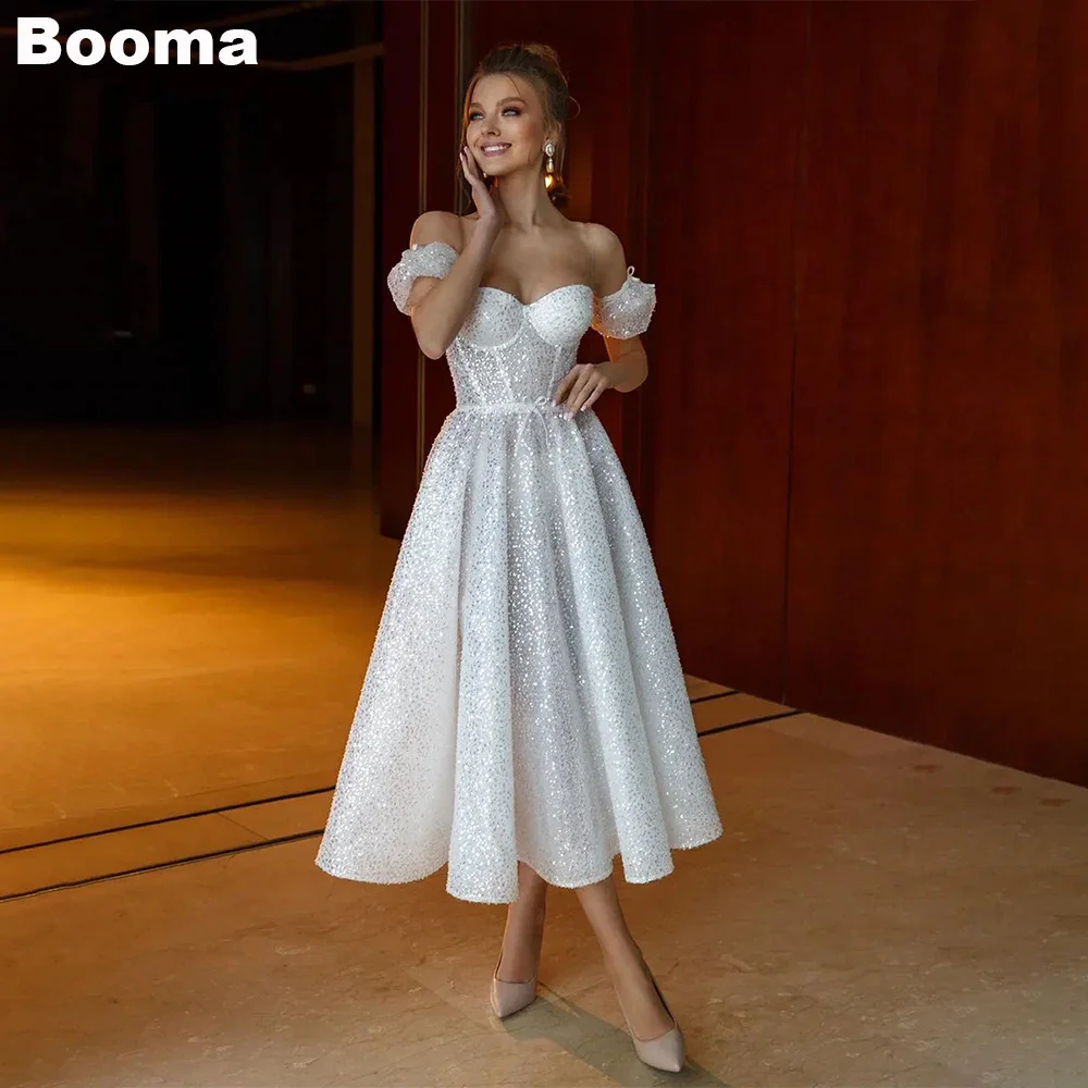 

Booma Sequined A-Line Short Wedding Party Dresses Sweetheart Shiny Midi Bridals Gowns for Women Boning Corset Brides Dress 2023