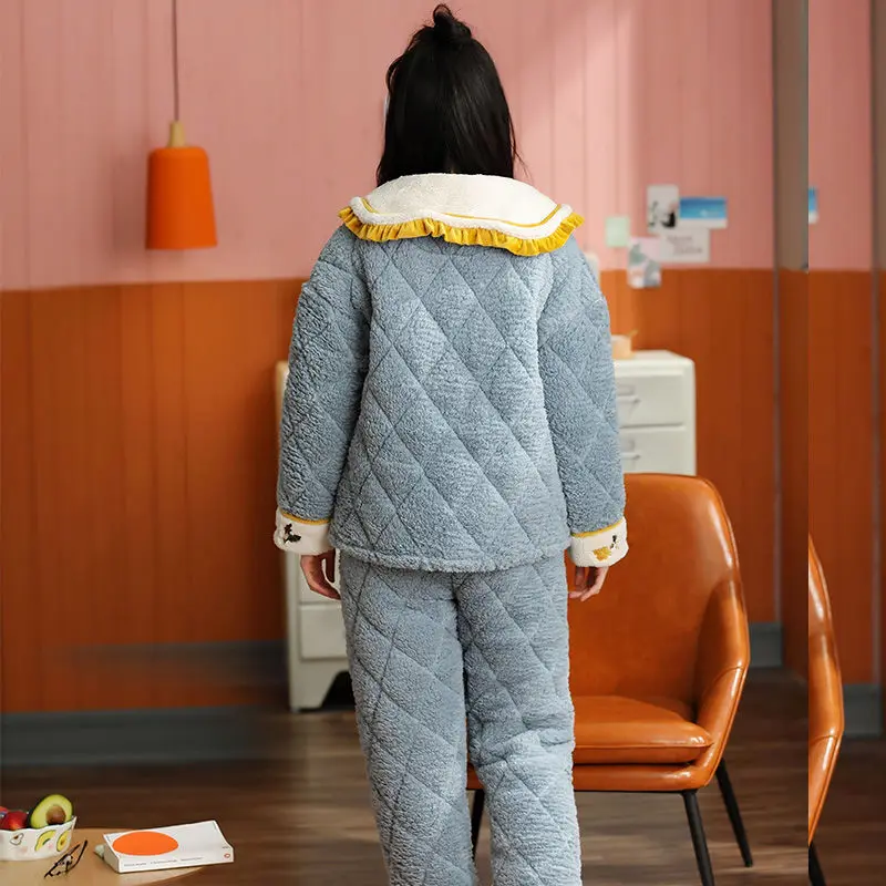 2024 New Coral Velvet Pajamas Women's Autumn Winter Three-layer Padded Plush Sleepwear Girls Warm Hooded Flannel Loungewear Set