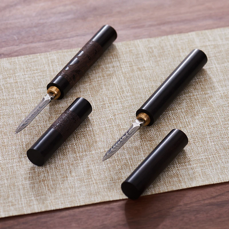 Stainless Steel Ebony Chinese Puer Tea Needle Cutter Damascus Tea Knife Solid Wood Set Home Party Supplies