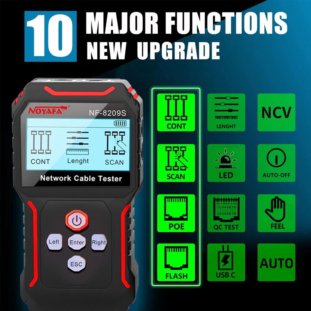 Noyafa NF-8209S Network Cable Tester LCD Display Cable Tracker Poe Checker Detect Length Measure Fault Distance Crimping Test 2