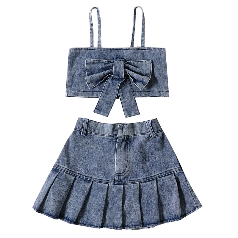 

2Piece 2023 Summer Kids Boutique Clothes Girls Outfit Sets Fashion Denim Bow Sleeveless Baby Tops+Skirt Children Clothing BC713