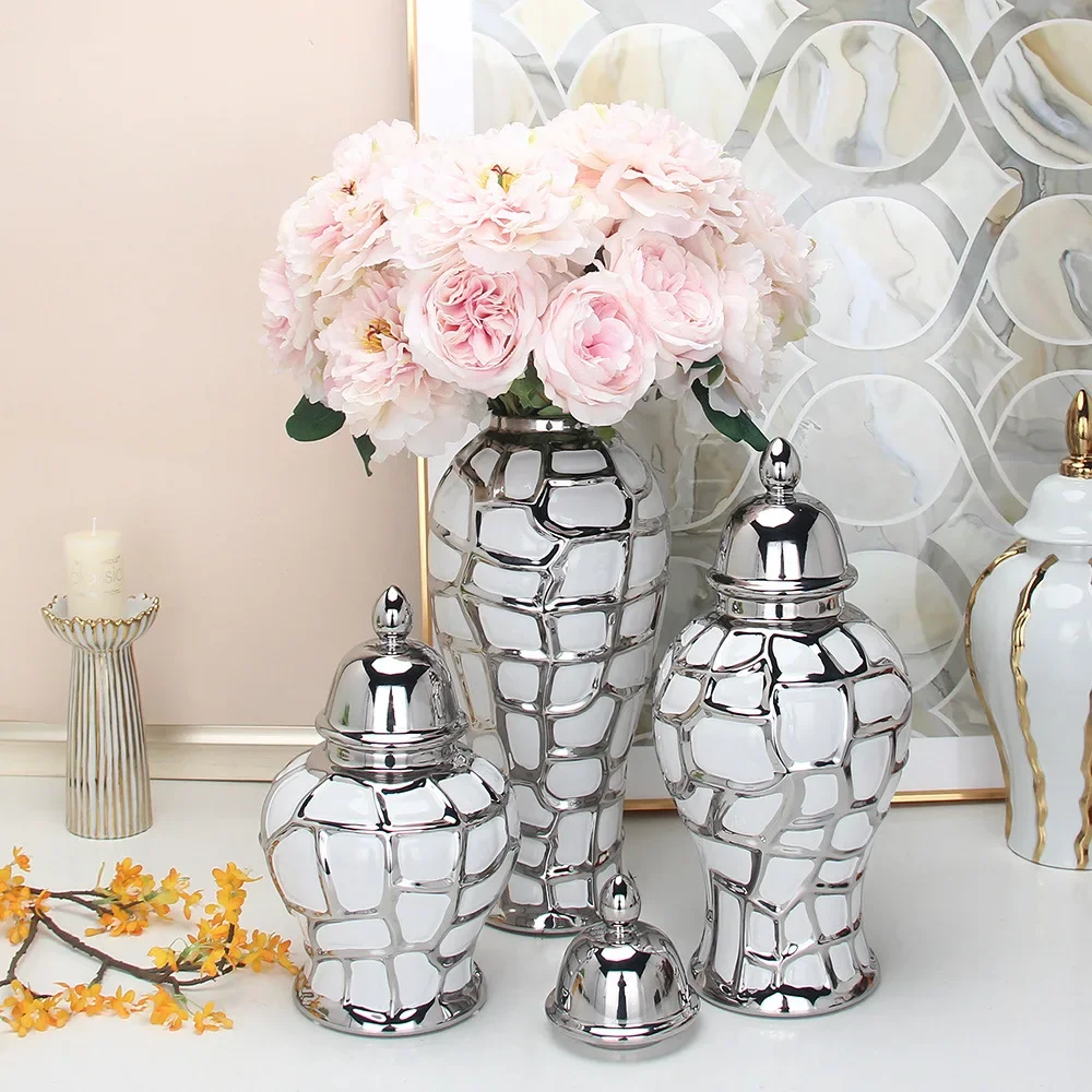 Ceramic General Pot Silver Grid  Porcelain Ginger Jar Storage Tank with Cover Flower Vase Home Furnishing Decoration Vases Pots 4