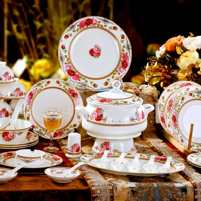 

Flower Overglaze Color Ceramic Tableware Set Household Plate Rice Bowl Spoon Dish Pot Tableware Combination Set