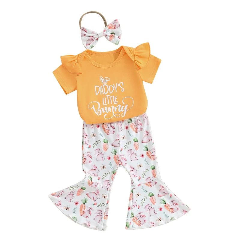 

Newborn Baby Girl Easter 3pcs Outfit Short Sleeve Bunny Romper Flared Pants Bell Bottoms with Tail 0-18 Months