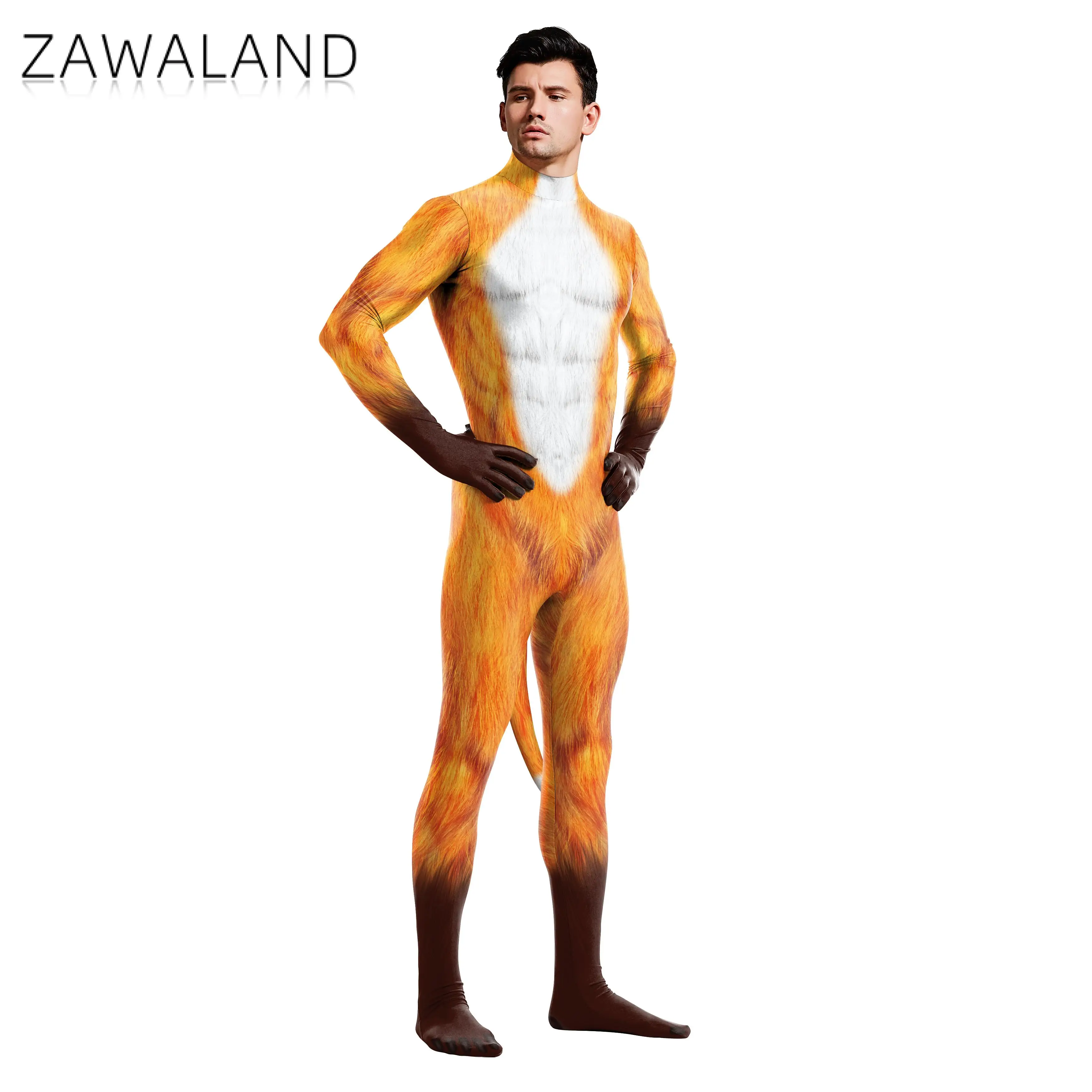 Zawaland Creative Cosplay Petsuit Fox Print Animal Costume Spandex Zentai with tail Stretch Full Cover Bodysuits Outfits