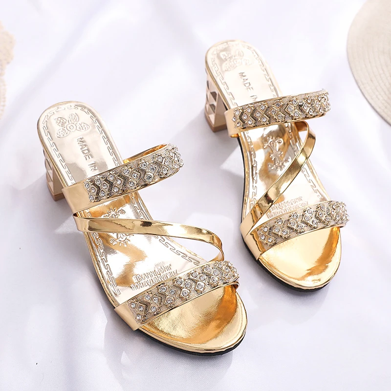 2022 Summer Women Shoes Squre Heel Sandals Peep toe Ladies Shoes Brand High Heel Sandals Gold Heels 5.5cm Big Size