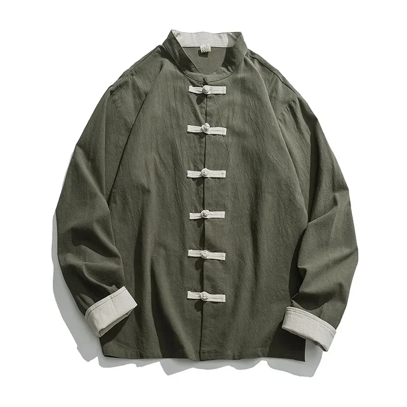 Men Chinoiserie Stand-up Collar Frog Cardigan Retro Long-sleeved Shirt Mens Linen shirts Japanese Kimono Men's Hanfu Tops