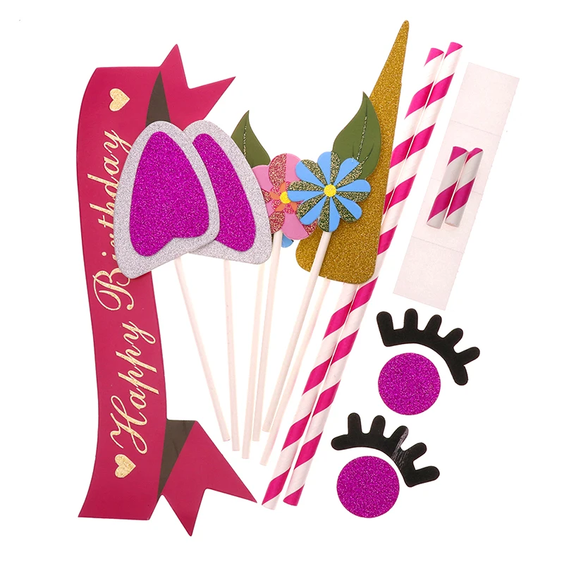 Conjunto de topper de bolo de unicórnio de feliz aniversário, decoração de festa de vela fofa