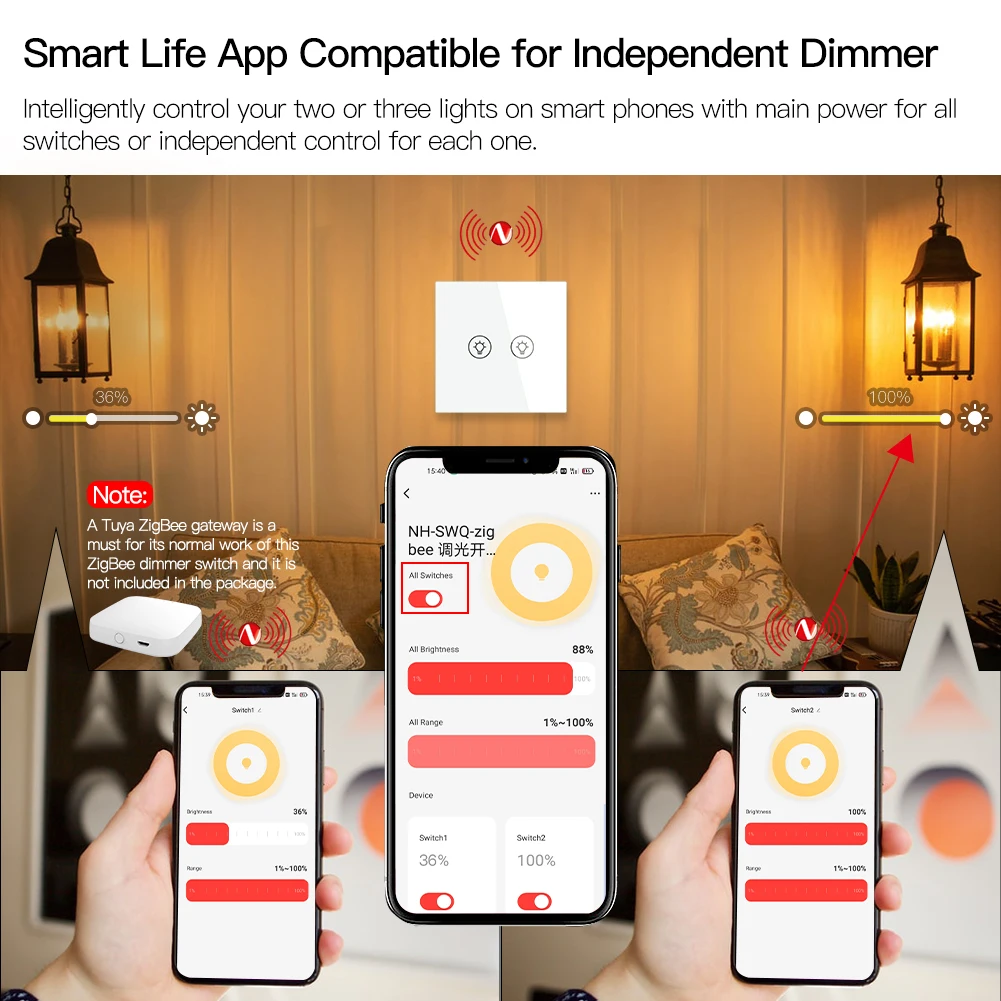 ZigBee Multi-gang Light Dimmer Switch Independent Control Tuya APP Control Works with Alexa Google Home 1/2/3 Gang smart light switch smart dimmer switch