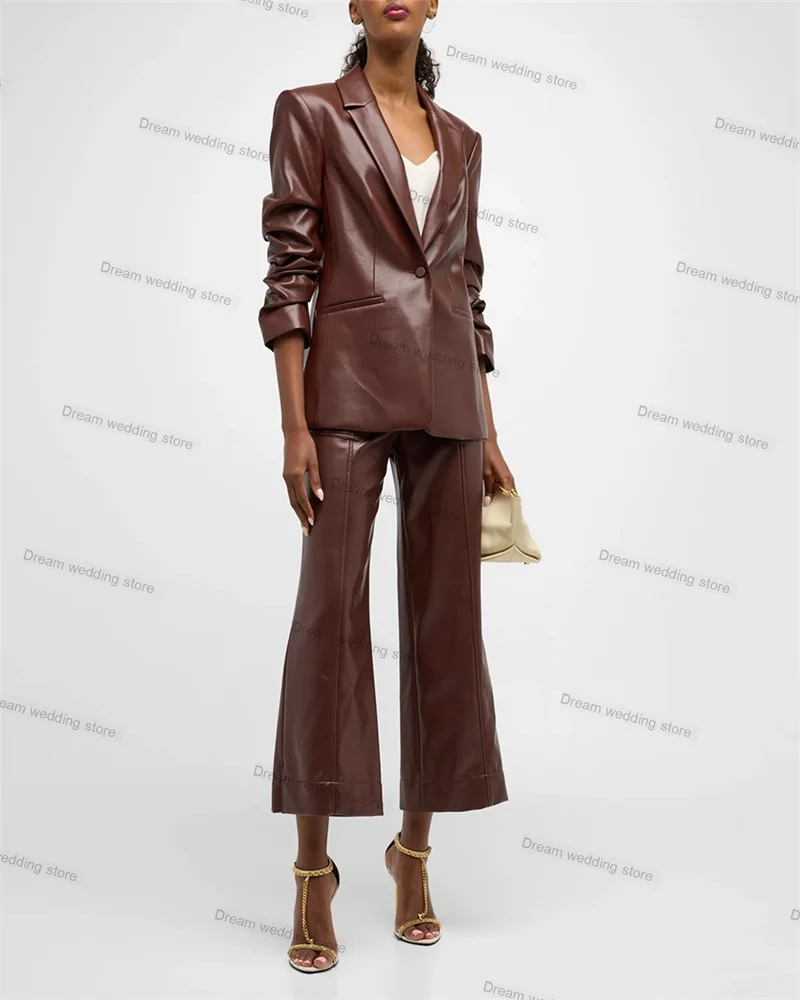

Pu Leather Women Suit Set Brown 2 Piece Blazer+Pants Formal Office Lady Jacket Coat Outfit Wedding Tuxedos Tailored Trousers