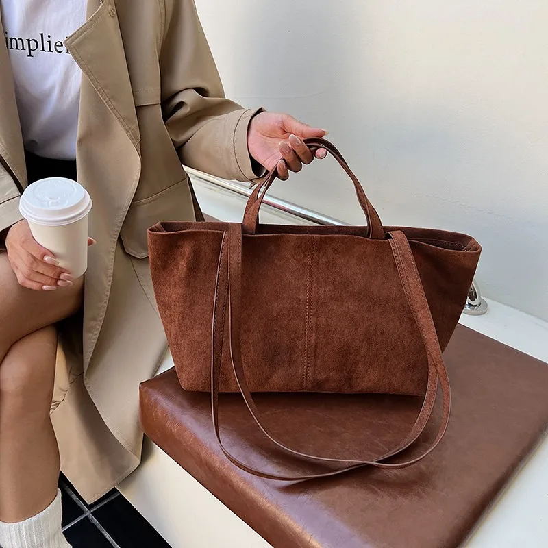 Faux Suede Versatile Handbag Solid Color Retro Tote Bag Large Capacity Vintage Shoulder Bag Work Commute Shopping Party Bag