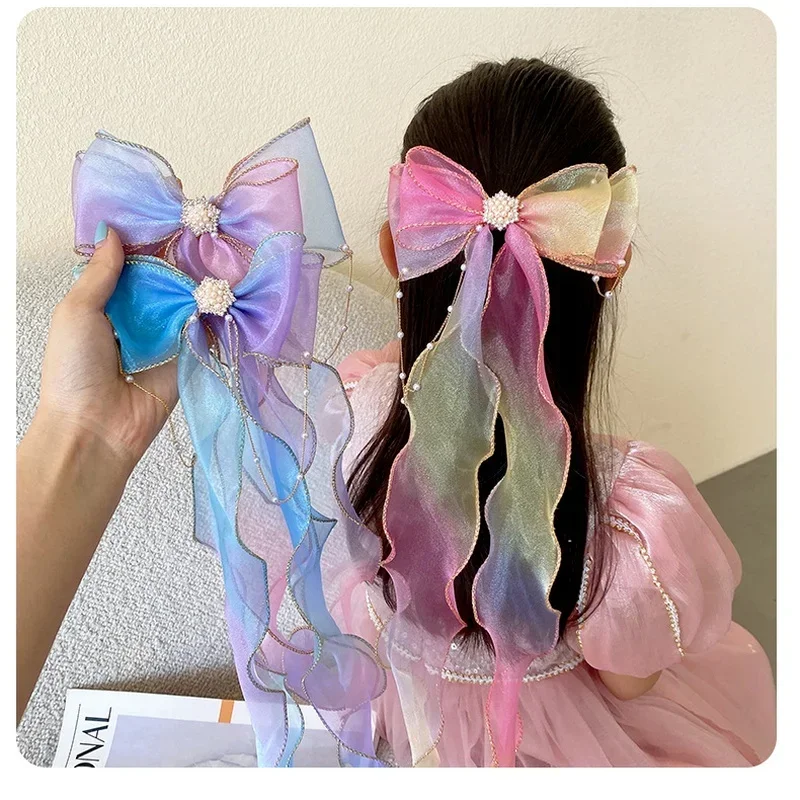 

Colored Bow Pearl Tassel Braid Hair Accessory Super Fairy Little Girl Princess Long Ribbon Clip Multiple Colors To Choose From