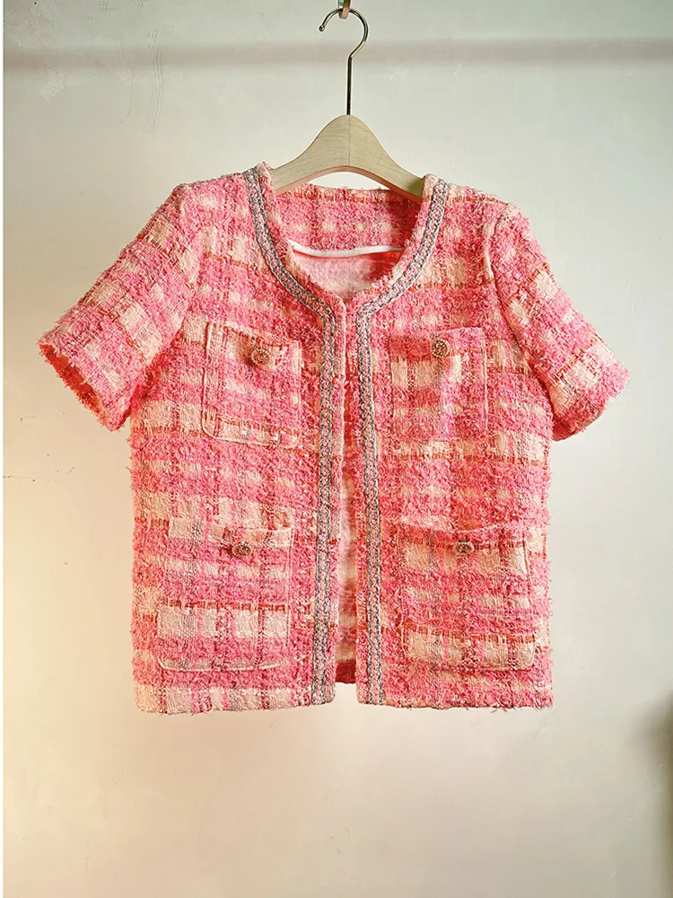 

DALMAZZO French Vintage Tweed Woolen Plaid Elegant Short Jacket Tops Women Round Neck Covered Buttons Thin Outerwear Chic Coat
