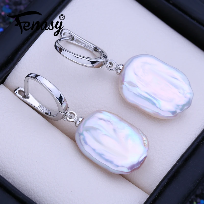 FENASY Natural Freshwater Big Baroque Pearl Drop Earrings 925 Sterling Silver Fashion Party Jewelry Elegant Gifts for Women