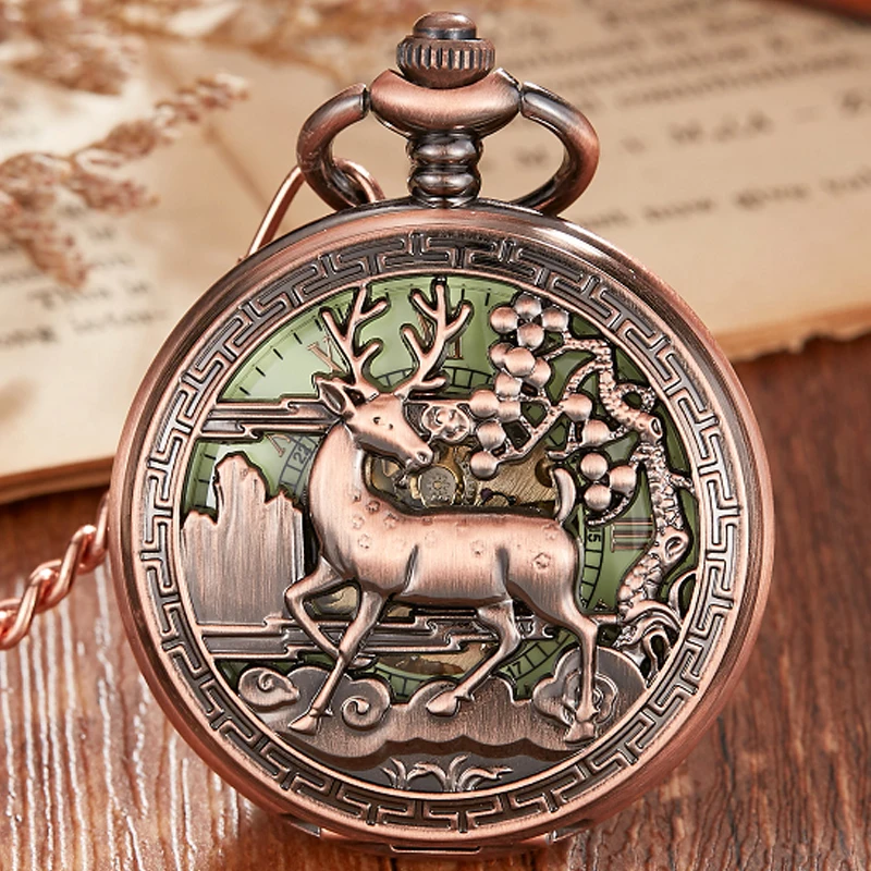 Rose Gold Deer Luminous Mechanical Pocket Watch Goat Hollow Fob Chain Box Package Men Women Watches for Christmas Gift