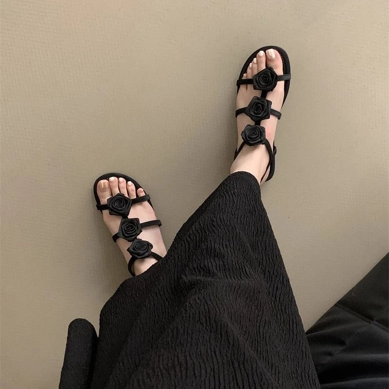 Women's Summer New Thick Heel Roses Flower Stripe Fashion Versatile Simple High Heel Slippers Shoes Casual Ladies Sandals