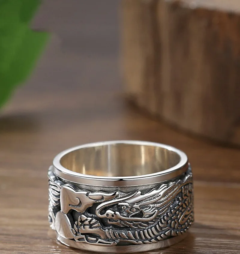 Buddhastone Argento Colore Xianglong Spinning Vintage Personalizzato Viso Largo Anello Principale Dito Indice