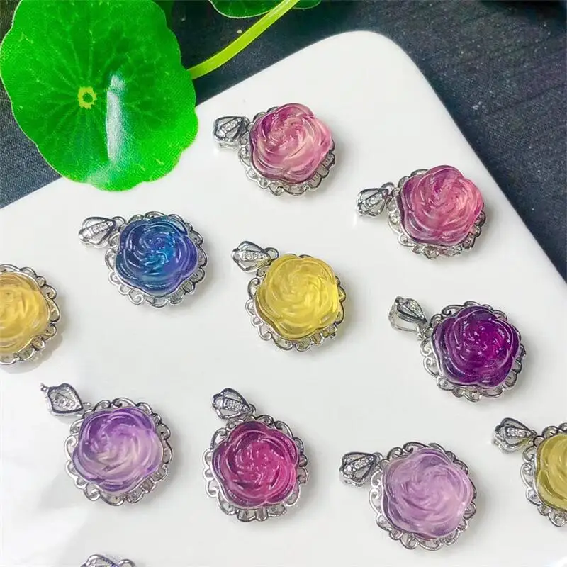 

10pcs Natural Fluorite Flower Pendant Carving Crystal Crafts Energy Gemstone Healing Stone Crystal Carved Plant Gift