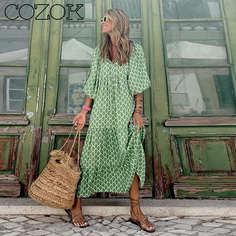 

COZOZ Summer Puff Sleeve Long Dress Women Fashion Floral Print V-Neck Boho Maxi Dresses Female Loose Holiday Beach Dress