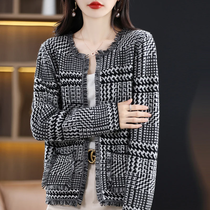 

100% pure wool sweater women's 2022 autumn and winter new round neck cardigan casual knitted top Korean fashion women's coat