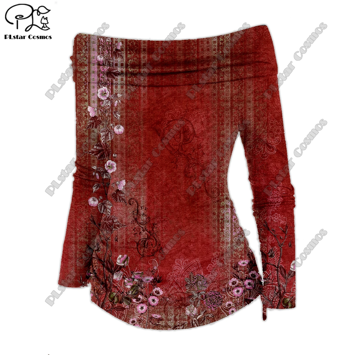 Женская футболка с цветочным принтом PLstarCosmos, разноцветная плиссированная облегающая футболка с открытыми плечами и градиентным принтом в стиле ретро, повседневный Топ H3