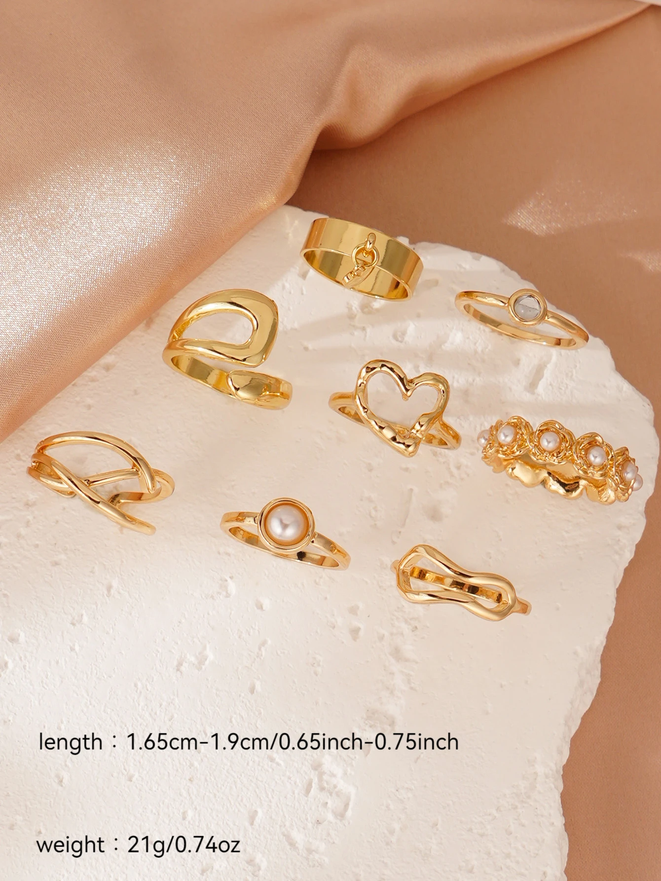 8pcs Hollow Heart Pearl Ring Set for Womens Vacation, Travel, Dating