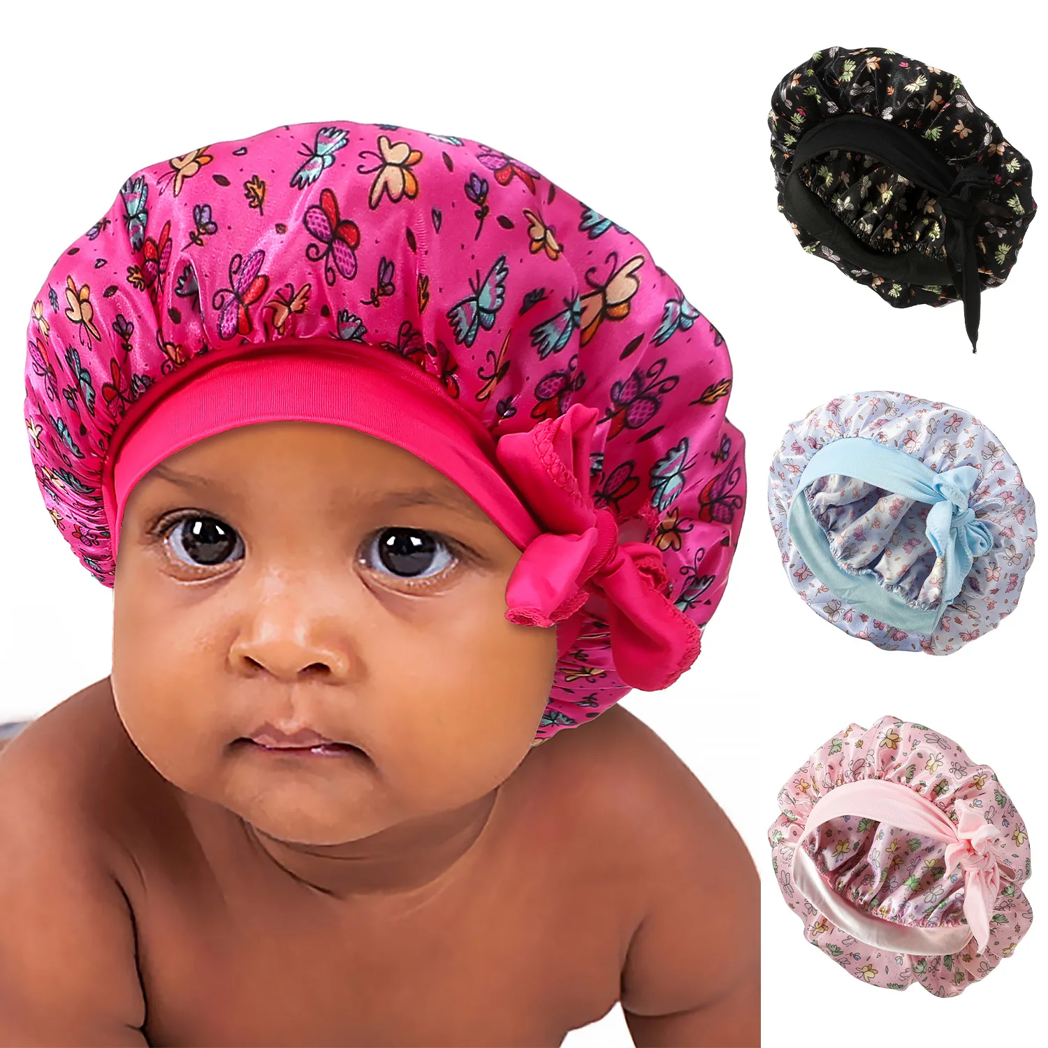 Kinder-Satin-Mütze, Schlafmütze, Seiden-Duschhaube für Kinderhaar, Mütze bei Nacht, Junge, Mädchen, Blumenmuster, Seiden-Schlafmütze mit Bandschleife