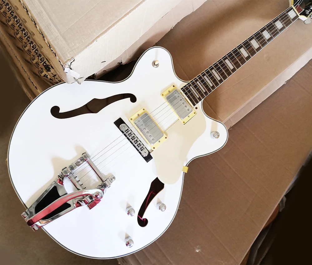 White 6 Strings Semi hollow Electric Guitar with Tremolo Bar,Rosewood